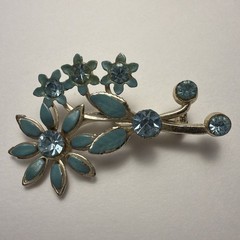 vtg Blue Rhinestone Enamel Floral Metal Brooch Pin