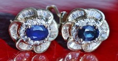 14k yellow gold earrings 3.70ct natural treated sapphire, natural diamond 8.1g