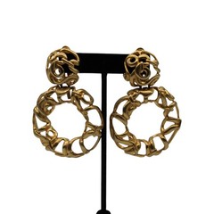 Vintage Les Bernard Large Door Knocker Hoop Open Work Brushed Gold Tone Earrings