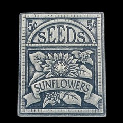 Vintage BIRDS and BLOOMS Signed Brooch Sunflower Seeds Packet Pewter Tone Pin
