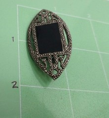 Vintage Marcasite Brooch With Black Stone Inlay Oval Shape Jewelry Piece