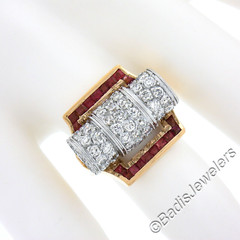 Unique Vintage Retro 14k Gold & Platinum 2.75ctw Diamond & Ruby Insert Ring Set