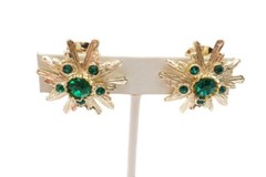 Vintage Clip On Earrings Gold Tone Green Rhinestone G8