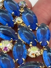 Vintage Blue Navette and Clear Prong-Set Rhinestone Brooch Open Back, Not Signed