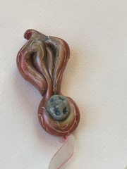 Handmade Green & Iridescent Coral Polymer Clay Mystical Face Pendant w Silk Ribb