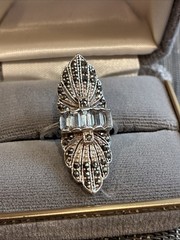 Vintage Art Deco Marcasite Crystal Sterling Silver Ring Size 8.5