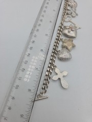 Vintage Silver Tone Chunky Charm Bracelet Heart Key Clover 8″ Cross Love Luck