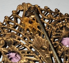Vintage Oval Floral Brooch Magenta Purple Rhinestone Mid Century Gold Tone Metal
