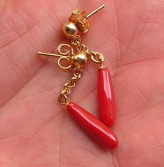 Earrings coral red genuine untreated blood of ox gold Italy drop heart