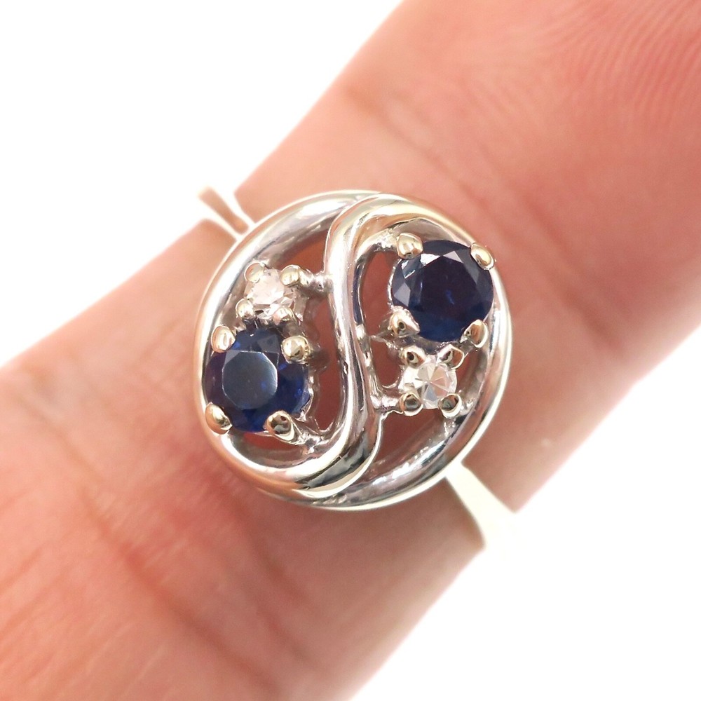 14k Solid White Gold Natural Blue Sapphire and Diamond YINYANG Ring Size 7.5
