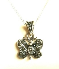 Vintage Sterling Silver Marcasite Butterfly Necklace 18″ Pendant Dainty Black