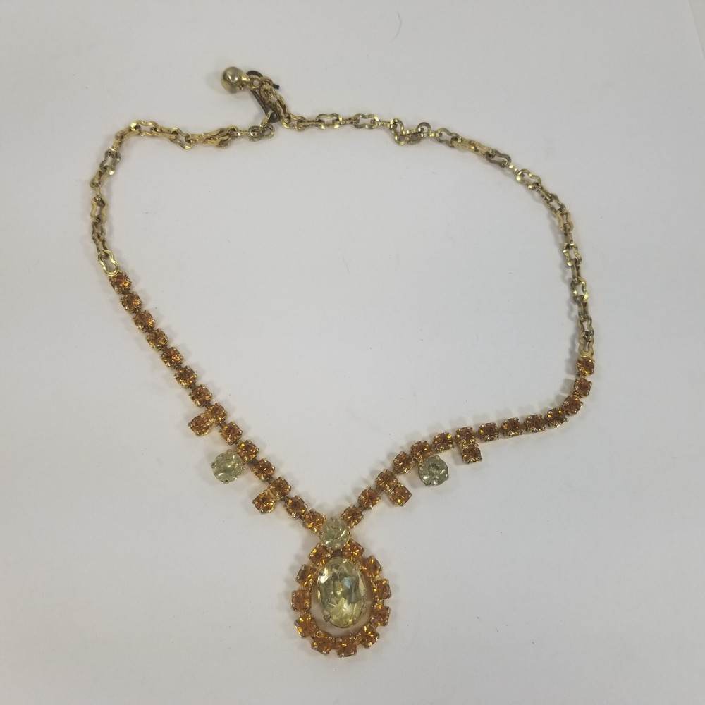 Vintage Prong Set Orange & Lemon Rhinestone Necklace 16.5″ Gold-Tone Icey Choke