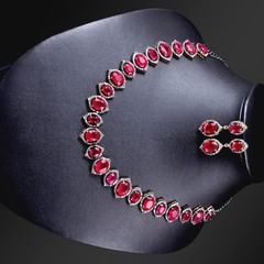 Natural Rosecut Diamond , Ruby Quartz & 925 Sterling Silver Necklace Earring Set
