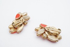 Vintage Clip On Earrings Gold Tone Red Orange Rhinestone