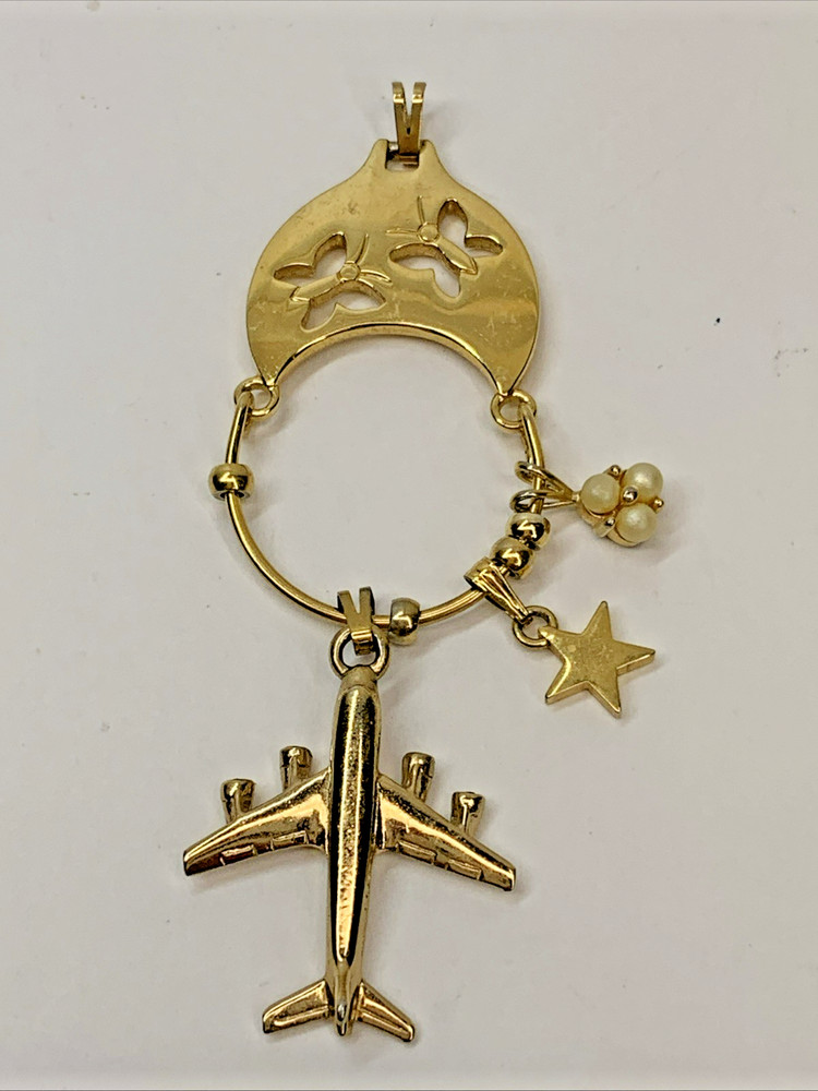 Vintage MONET Charm Holder Gold Tone Pendant w/ Air Plane Charm Retro 70’s 80’s