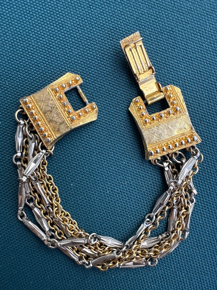 Vintage Bracelet Two Tone Gold / Silver Fancy Clasp Multi Strand By Celebrity. A