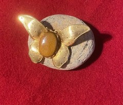 Gold Pin Brooch Laquered Wood Butterfly Moth Cabochon Light Weight