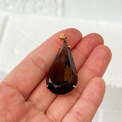 Vtg Smoky Quartz Glass Teardrop Pendant Screw Back Earrings Sterling Gold Plated