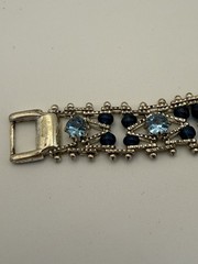 Blue Rhinestone Dark Blue Beaded Link Lattice Work Bracelet Silver Tone Vintage