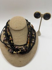 Vintage Les Bernard Multi Strand Necklace & Clip Earrings Set Gold Tone