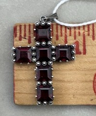 Vintage German 935 Silver Bohemian Garnet Cross Pendant Art Deco w/ Marcasite ￼