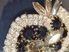 Vintage Rhinestone Brooch Prong Set Gray Black Clear Gold tone Stunning Sparkle