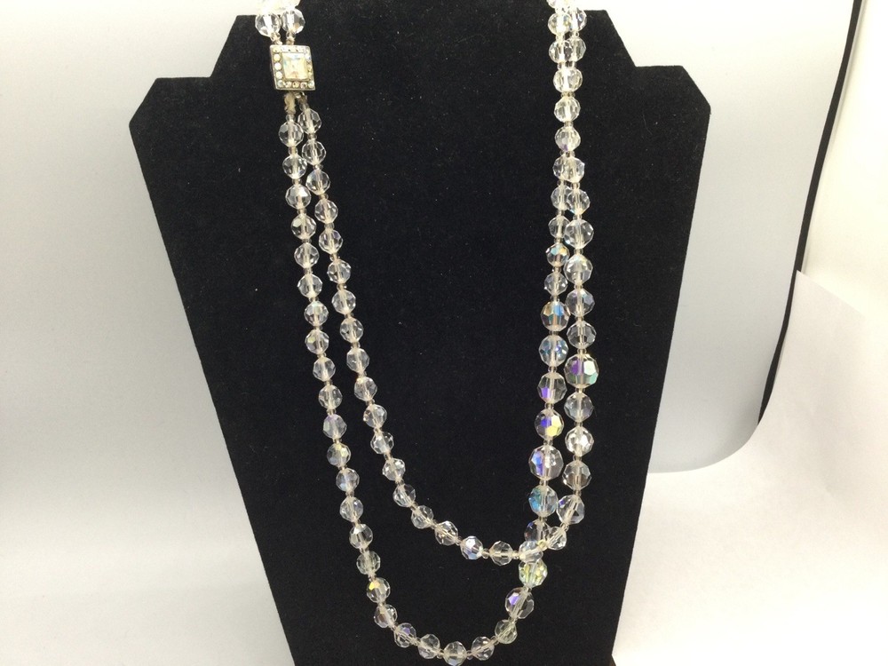 Vintage AB Crystal 2 Strand Long Necklace Push In Clasp