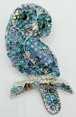 T12-1385 BROOCH SILVER PIN 1.6″ RHINESTONE ANIMAL BLUE OWL BIRD