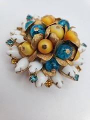 Vintage Jewlery Brooch Earring Set Clip On Gold Blue Beads Women Accessory