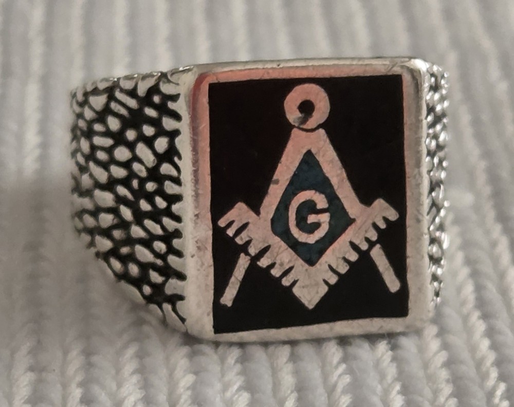 Vintage Freemason Men’s 9.25 Textured Sterling Ring Turquoise/ Enamel Size 11