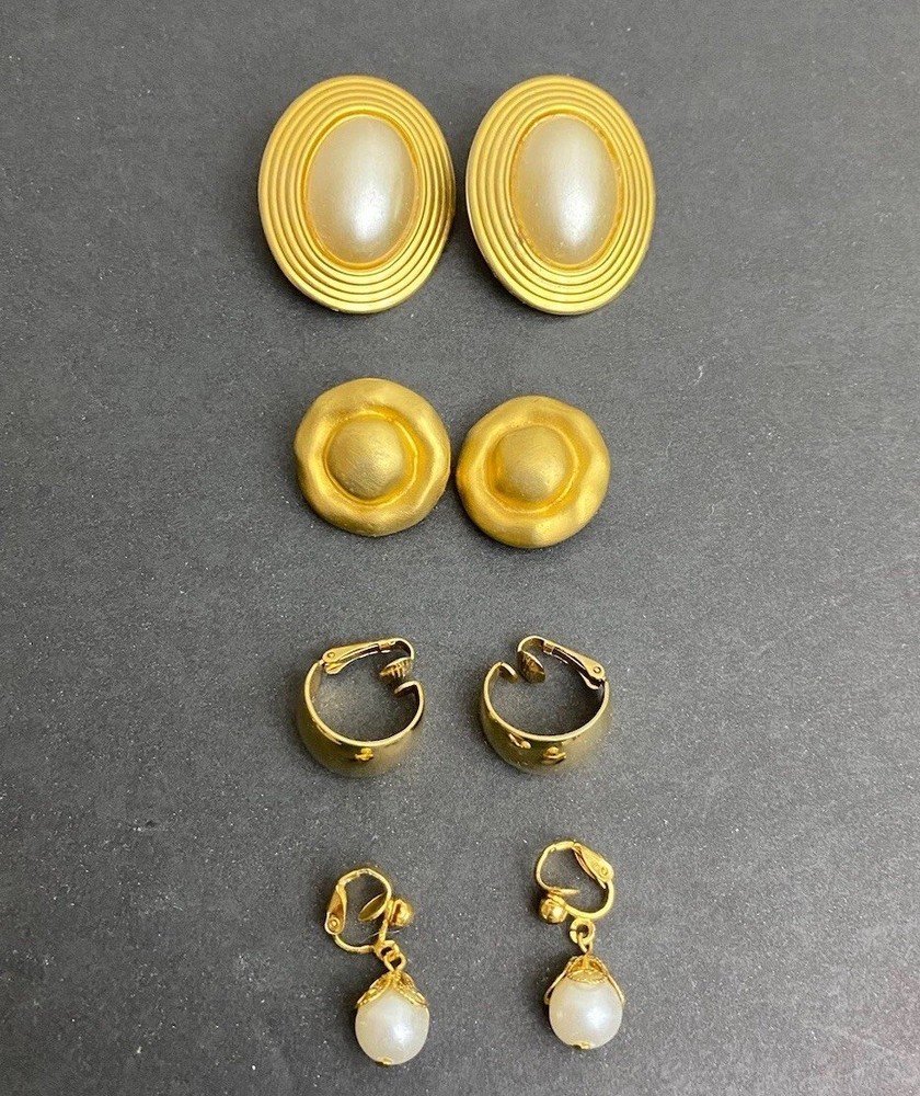 Vintage Bold Retro 1990’s Enamel Clipon Earring Lot 4 Pair Gold Tone Faux Pearl