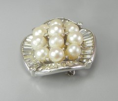 Signed Jomaz Brooch Genuine Cultured Pearls Baguette Rhinestones Rhodium Plate