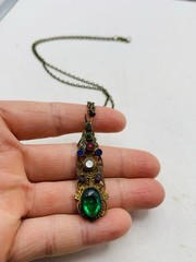 Vintage Gothic Green Colorful Rhinestone Filigree Cutout Bronze Tone Necklace