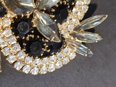 Vintage Rhinestone Brooch Prong Set Gray Black Clear Gold tone Stunning Sparkle