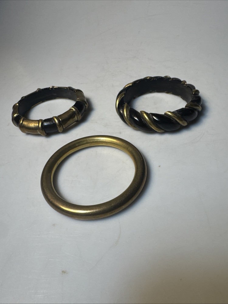 3 VTG BLACK BONED HORN w/BRASS /GOLD INLAIDED BANGLE BRACELETS