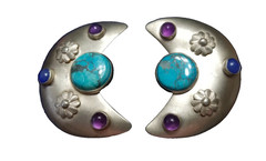 Vintage TULLA BOOTH Sterling silver & turquoise crescent clip earrings .925