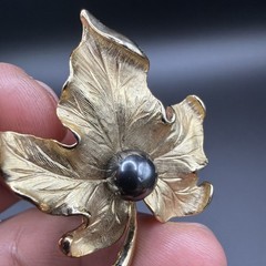 Vintage Gold Tone Maple Leaf Brooch Pin with Faux Black Pearl Center, 1960s
