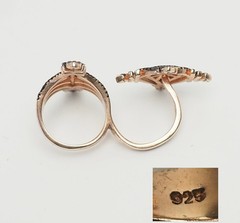 Unusual gilt sterling silver jet stones Deco style double ring sz 7