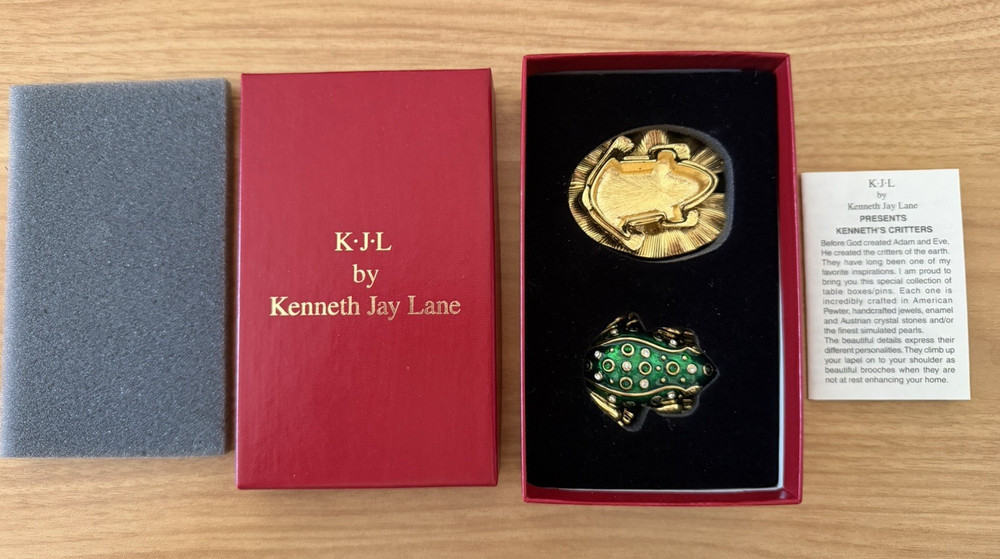 Vintage Kenneth Jay Lane Critter Series Frog Brooch & Lilypad Trinket Box New
