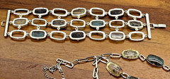 Monet Multi Colored Cabochon Necklace with Wide Chunky Bracelet Silver Tone Set