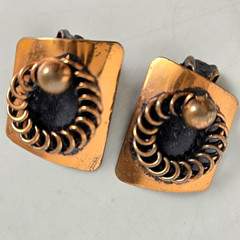 Earrings Copper Clip On Art Deco Mid Century Fashion Jewelry 2 MCM Vtg