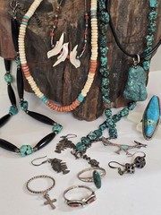 LG STERLING MIXED JEWELRY LOT-ZUNI NAVAJO MEXICO-TURQUOISE LAPIS CORAL-SOUTHWEST