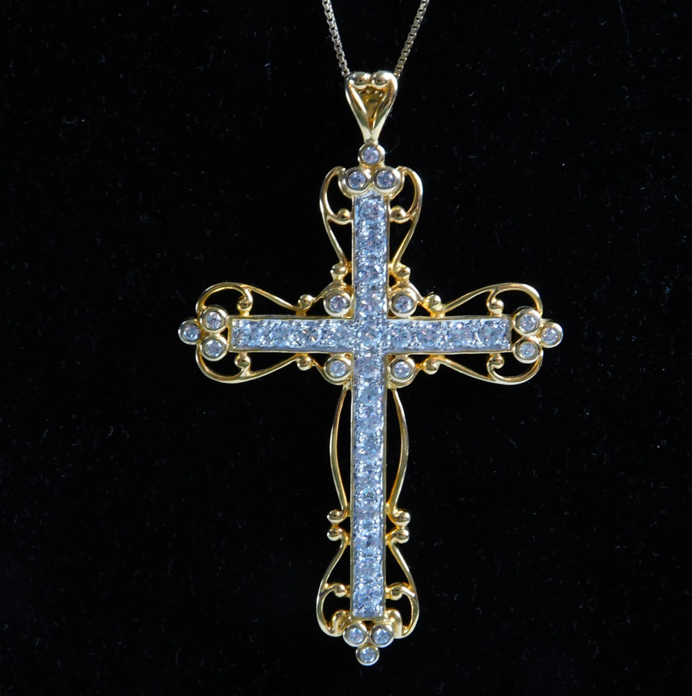 Ross Simons Necklace 18K Gold over Sterling Silver Cross Pendant 925 CZ Jewelry