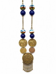 Vntg 1968 Peruvian Coin Bib Necklace Lapis Lazuli Ceramic Llama Boho Brass Peru