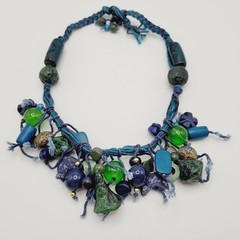 Eclectic Artsy Artisan Braided Cotton Mixed Material Beaded Vintage Necklace
