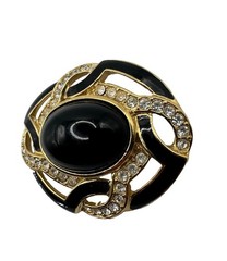Vintage Trifari Gold Toned Black Enamel Oval Cabochon 2” Brooch Pin 80s-90s