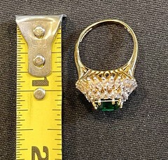 Vintage JBK Simulated Emerald Statement Ring Gold Plated Sterling Silver Size 9
