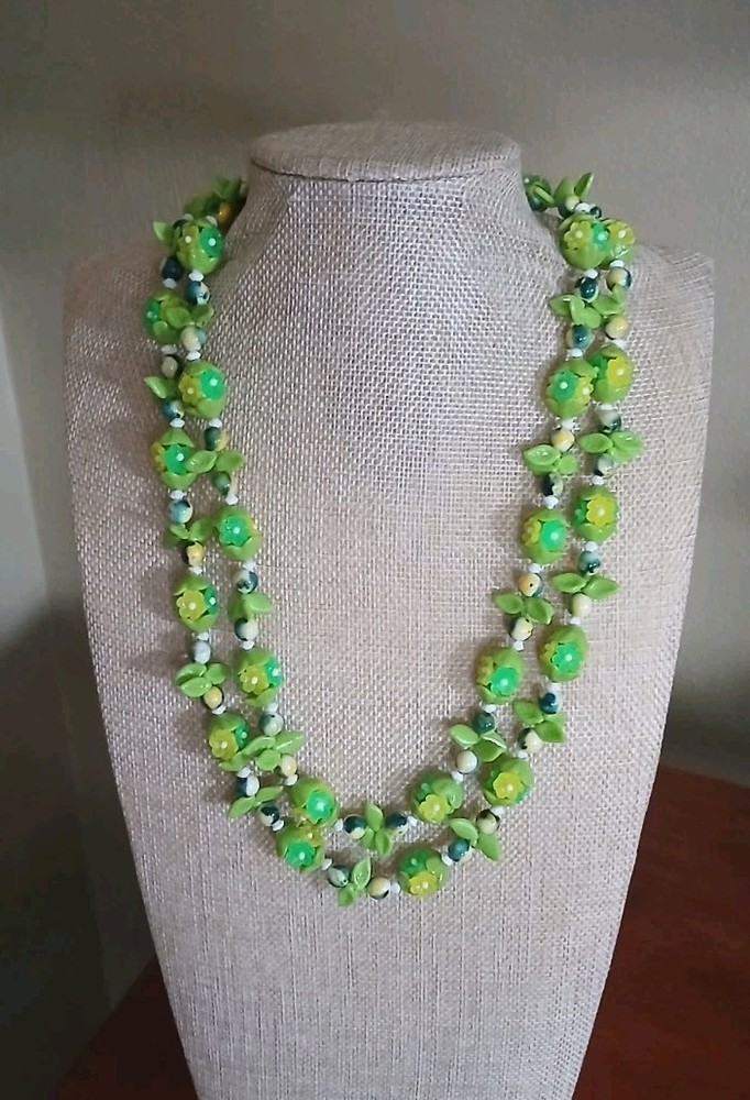 Vintage Celluloid Green Yellow And White Floral Necklace Hong Kong 1950’s 43″ L