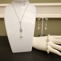 Art Deco jewelry set earrings bracelet necklace ivory faux pearls clear crystals