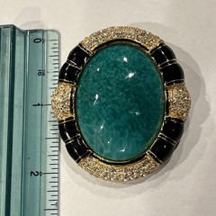 VTG Ciner Peking Green Glass Brooch Cabochon Gold Black Rhinestone, 2.25”x1.75”